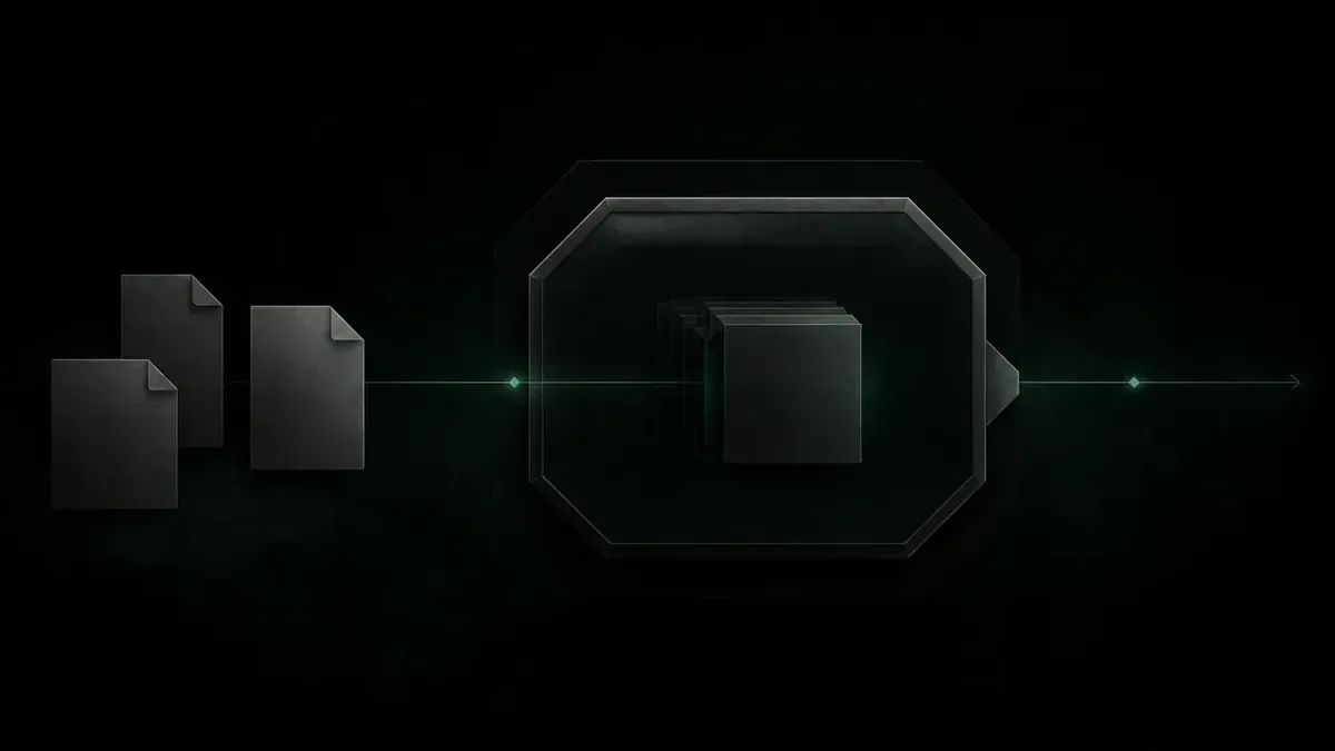 Abstract workflow showing incoming documents moving through a controlled AI processing core