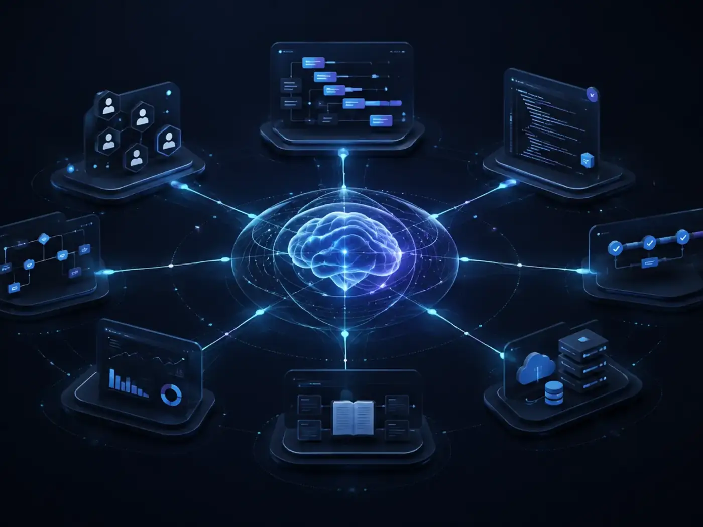 Abstract visualization of a neural network dashboard representing Reo Brain's agentic operating layer